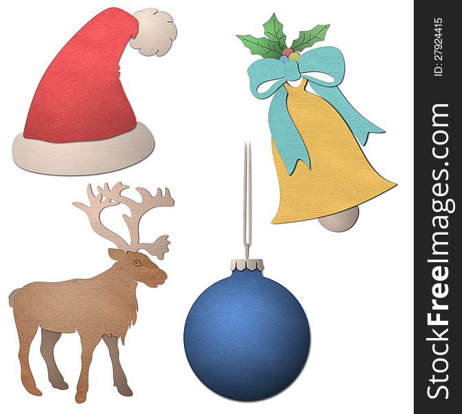 Christmas elements, ball, bell, moose, bonnet, made of craft paper