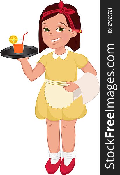 Waitress girl wearing yellow dress, with a grey and red ballet flats