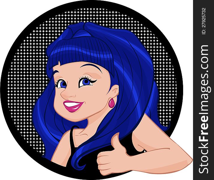 Blue haired girl with thumbs up sticker, smiling in retro style. Blue haired girl with thumbs up sticker, smiling in retro style