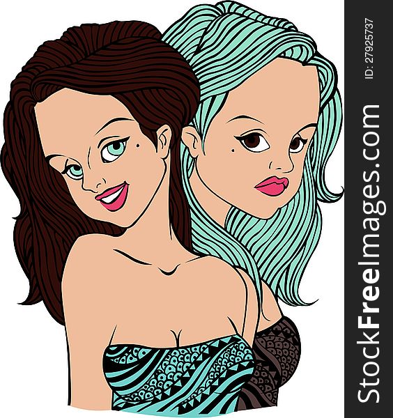 Gemini horoscope sign, two girls with brown and turquoise hair. Gemini horoscope sign, two girls with brown and turquoise hair