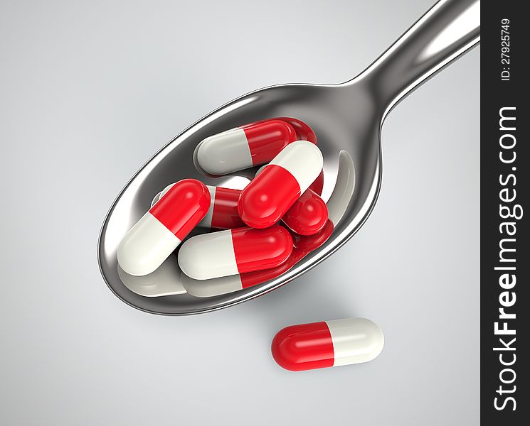 3d render of medicinal capsules in a spoon concept. 3d render of medicinal capsules in a spoon concept