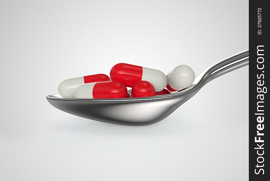 3d render of medicinal capsules in a spoon concept. 3d render of medicinal capsules in a spoon concept