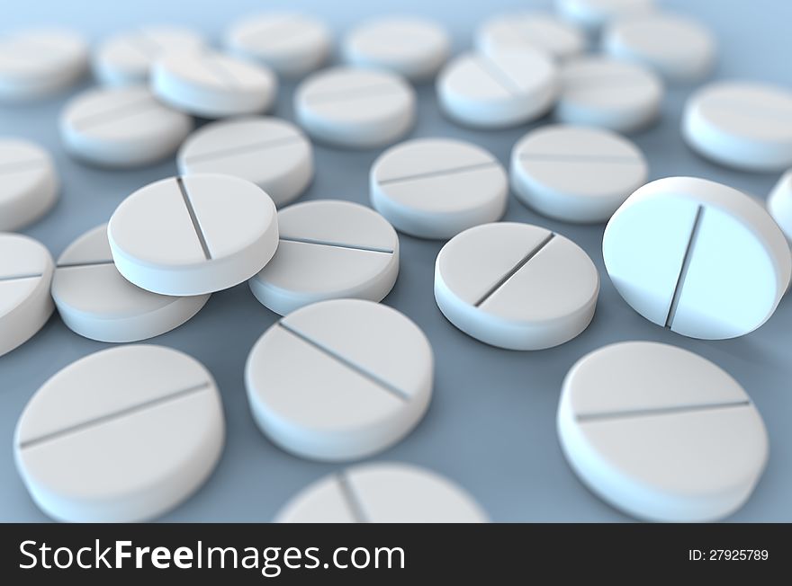 3d render of white medicine tablets with shallow depth of field. 3d render of white medicine tablets with shallow depth of field
