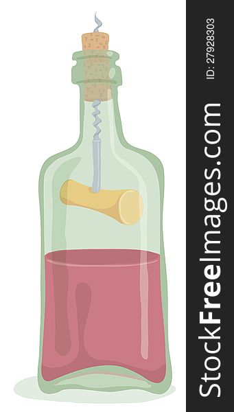 Half Bottle of Wine with corkscrew inside. Editable vector EPS 10 file. Transparency effect are used on reflections and shadow of bottle.