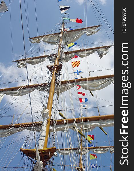 Masts and nautical flags on Tall Ship from Mexico