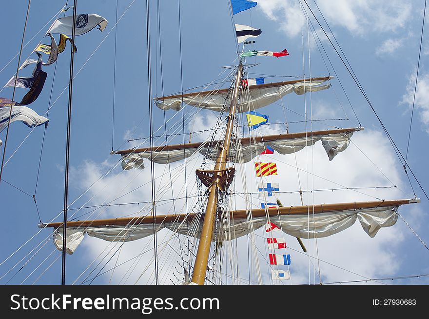 Masts and nautical flags on Tall Ship from Mexico