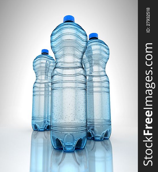 Three bottles of water on reflection surface