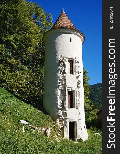 View of the intriguing Tour d'Infernet situated in St. Pierre d'Entremont in the Chartreuse Regional Nature Park, France. Little is known about its origins or purpose. View of the intriguing Tour d'Infernet situated in St. Pierre d'Entremont in the Chartreuse Regional Nature Park, France. Little is known about its origins or purpose.