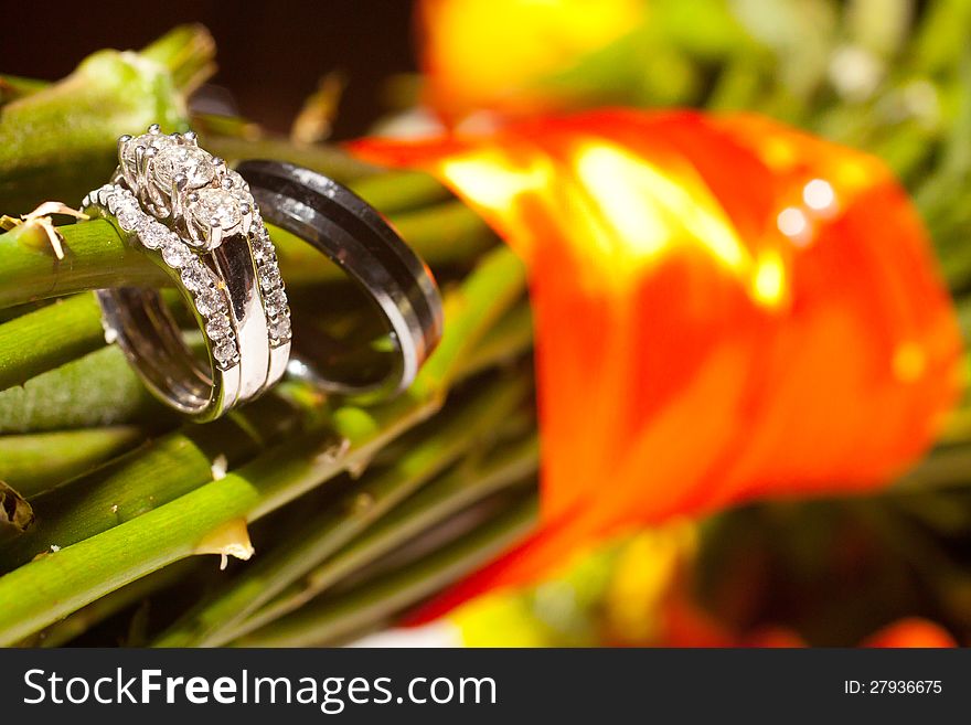A bride and groom's wedding rings are placed on a bouquet at a ceremony. A bride and groom's wedding rings are placed on a bouquet at a ceremony.