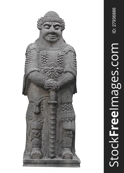 Ancient Asian Korean gray stone statue of a warrior with a sword. Isolated on white. Ancient Asian Korean gray stone statue of a warrior with a sword. Isolated on white.