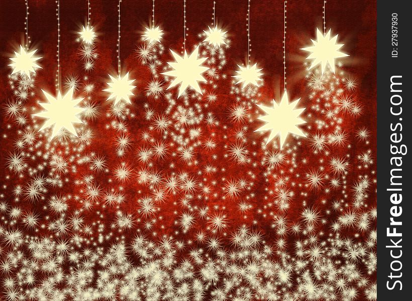 Stars and snowflakes on red background