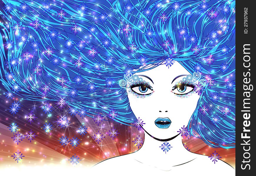 Illustration of abstract winter girl with blue hair and colorful snowflakes. Illustration of abstract winter girl with blue hair and colorful snowflakes.