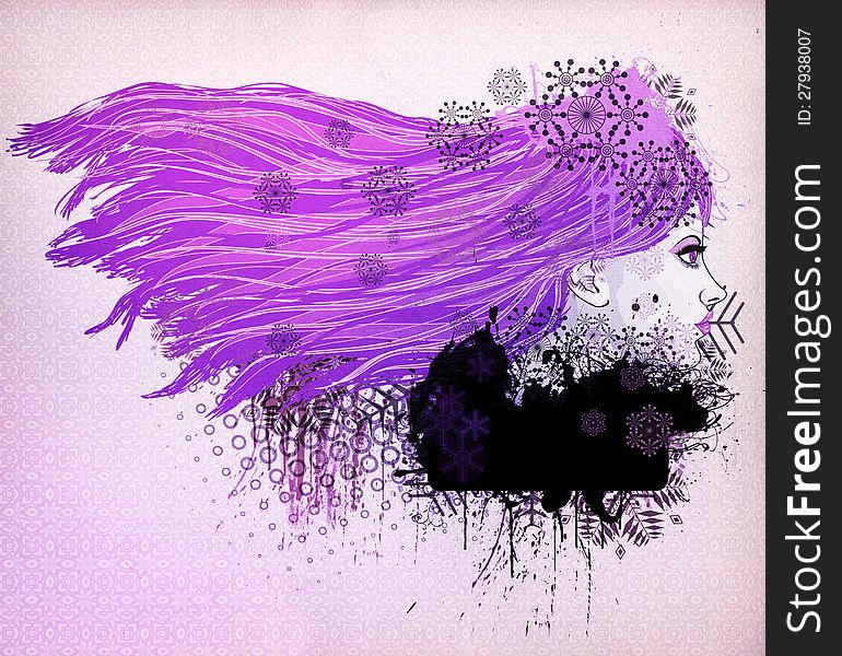 Illustration of a girl with purple hair on colorful background. Illustration of a girl with purple hair on colorful background.