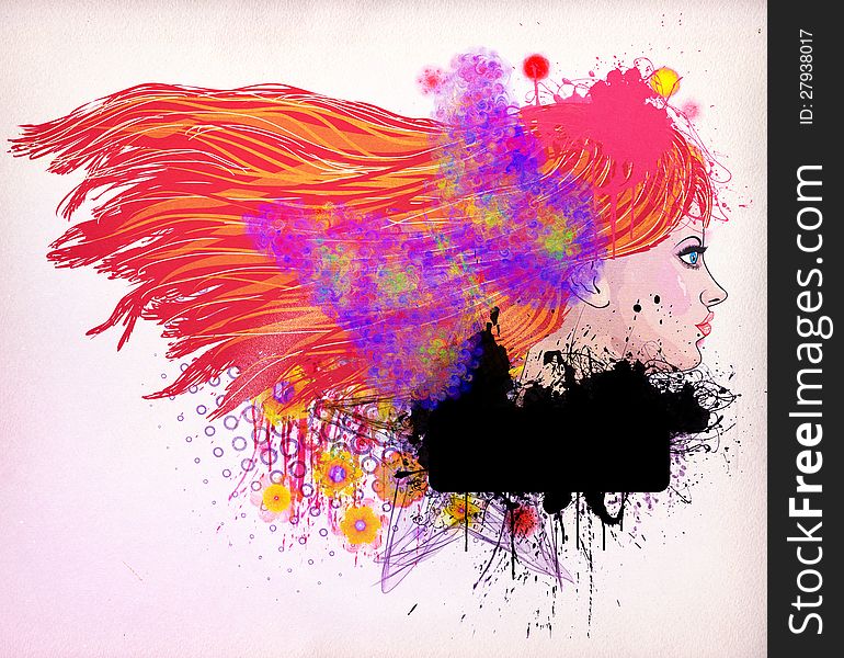 Illustration of a girl with red hair on colorful background. Illustration of a girl with red hair on colorful background.