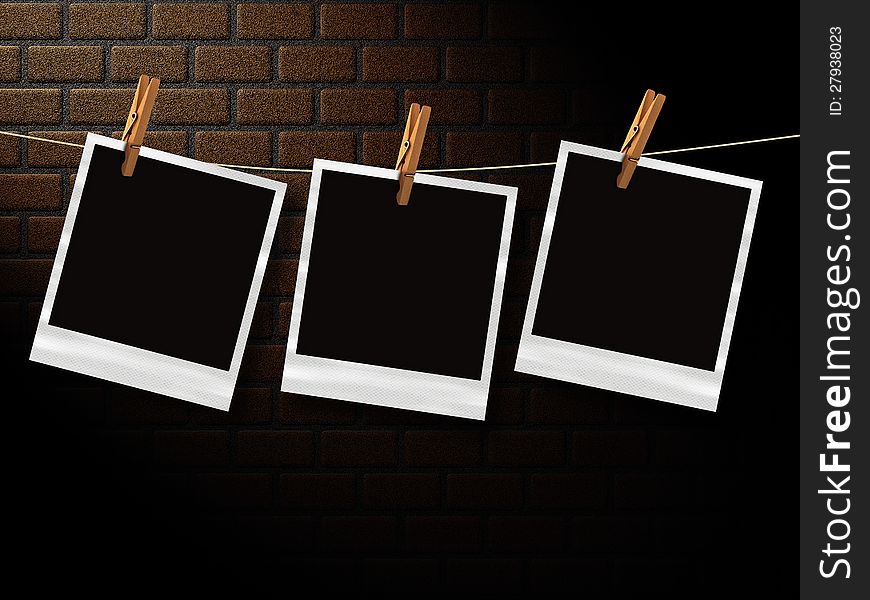 Illustration of old photos on a rope with clothespins in front of a brick wall background. Illustration of old photos on a rope with clothespins in front of a brick wall background.