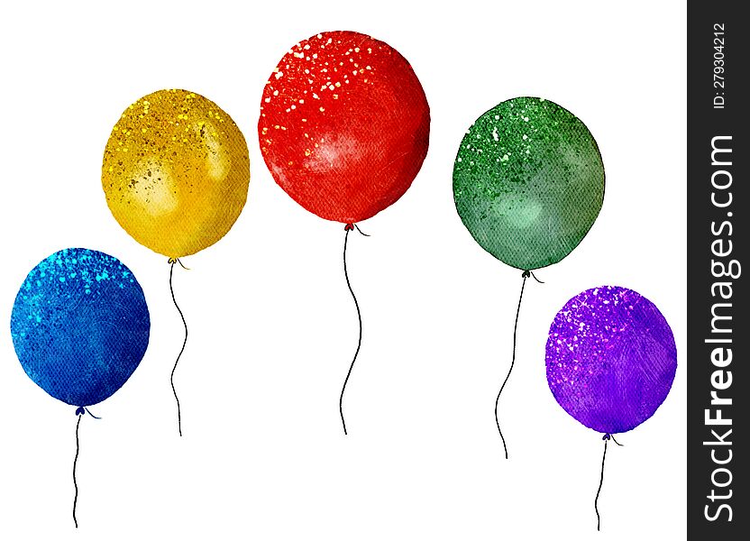 Colorful Hand Painted Watercolor Balloons On White Background