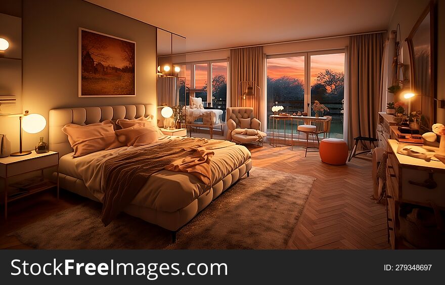 Step into a tranquil morning scene with this inviting image of a cozy bedroom adorned in warm-toned hues. The soft morning light gently illuminates the room,creating a soothing ambiance that promotes relaxation and comfort. Step into a tranquil morning scene with this inviting image of a cozy bedroom adorned in warm-toned hues. The soft morning light gently illuminates the room,creating a soothing ambiance that promotes relaxation and comfort.