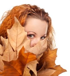 Girl With Yellow Autumn Leaves Royalty Free Stock Image