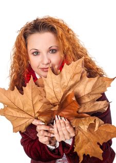 Girl With Yellow Autumn Leaves Royalty Free Stock Photography
