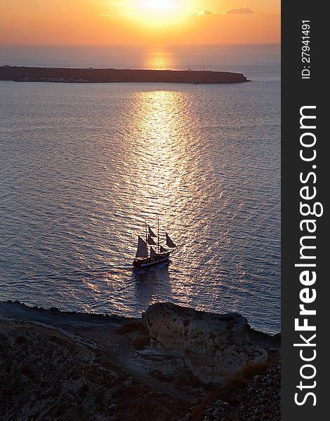 Sailing ship in the mediterranean sea at sunset. Sailing ship in the mediterranean sea at sunset