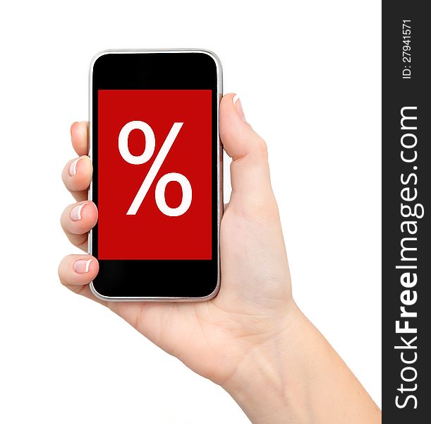 Female hand holding a phone with sale