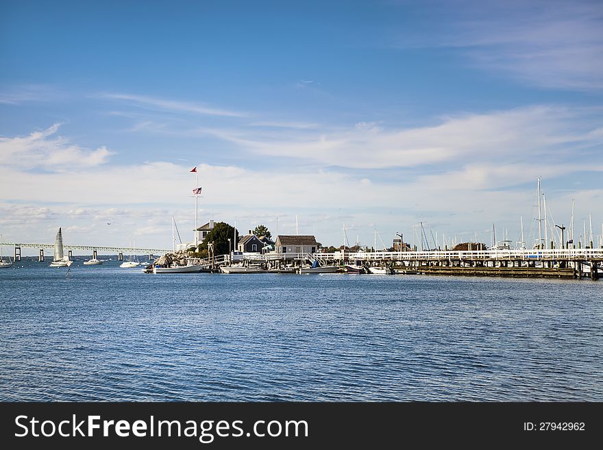 Pier, bridge and sailboats mean sunny day in Newport. Pier, bridge and sailboats mean sunny day in Newport