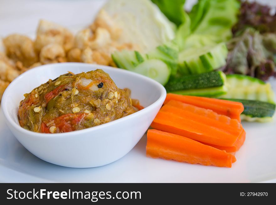 Chili with vegetables and pork snack, local food of Thailand