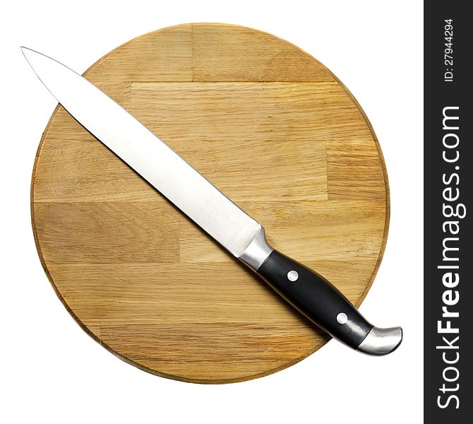 Large kitchen knife on a wooden cutting board. Large kitchen knife on a wooden cutting board