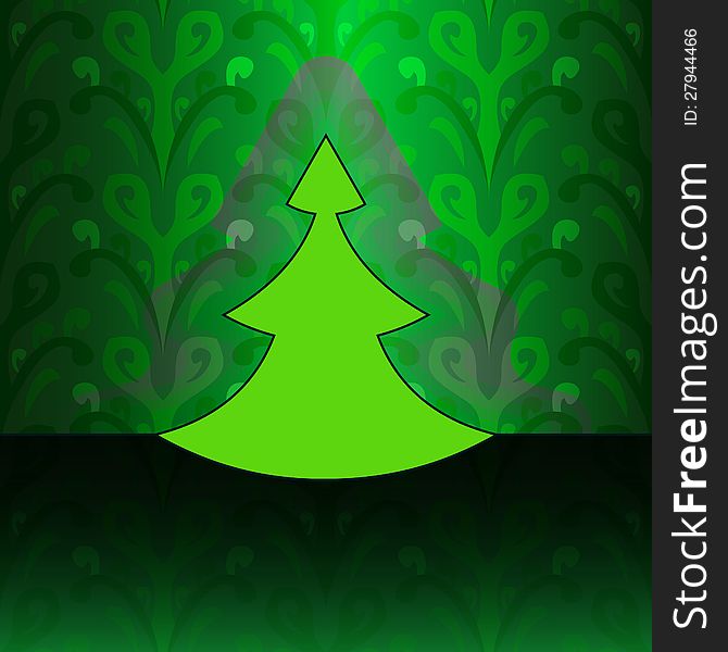 Modern christmas tree on green floral pattern