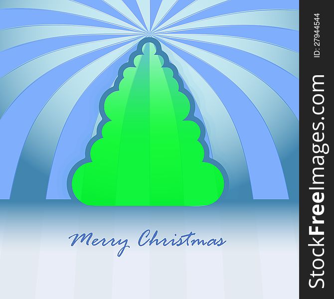Round shape green christmas tree and striped background vector card. Round shape green christmas tree and striped background vector card