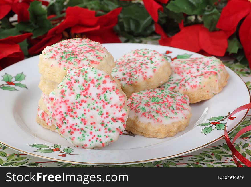 Christmas shortbread sugar cookies on a plate. Christmas shortbread sugar cookies on a plate