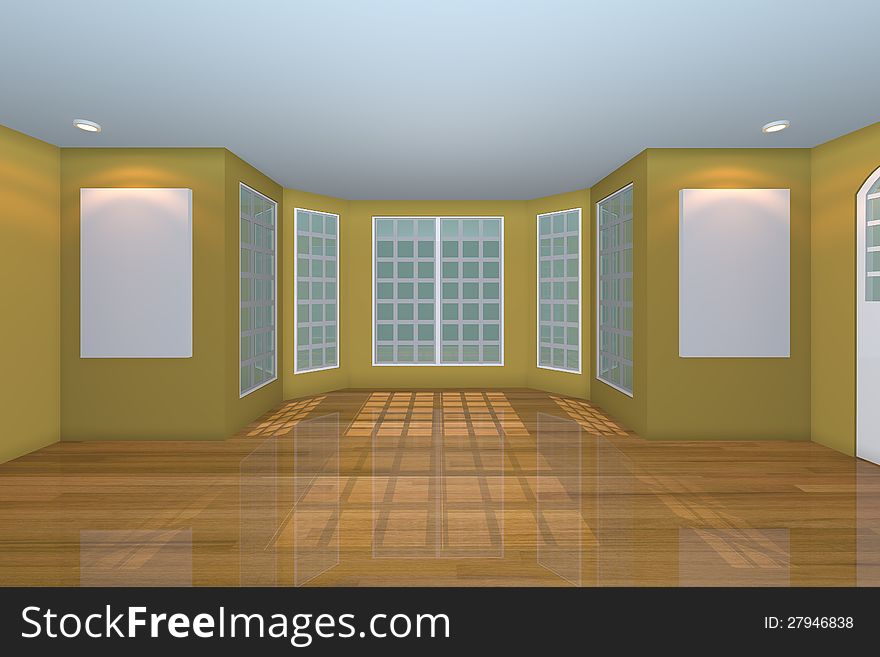 Home interior rendering with empty room color yellow wall and decorated with wooden floors. Home interior rendering with empty room color yellow wall and decorated with wooden floors.