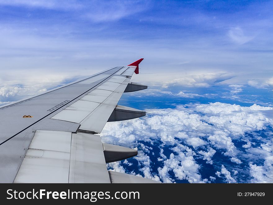 Aircraft wing on the clouds,flying background