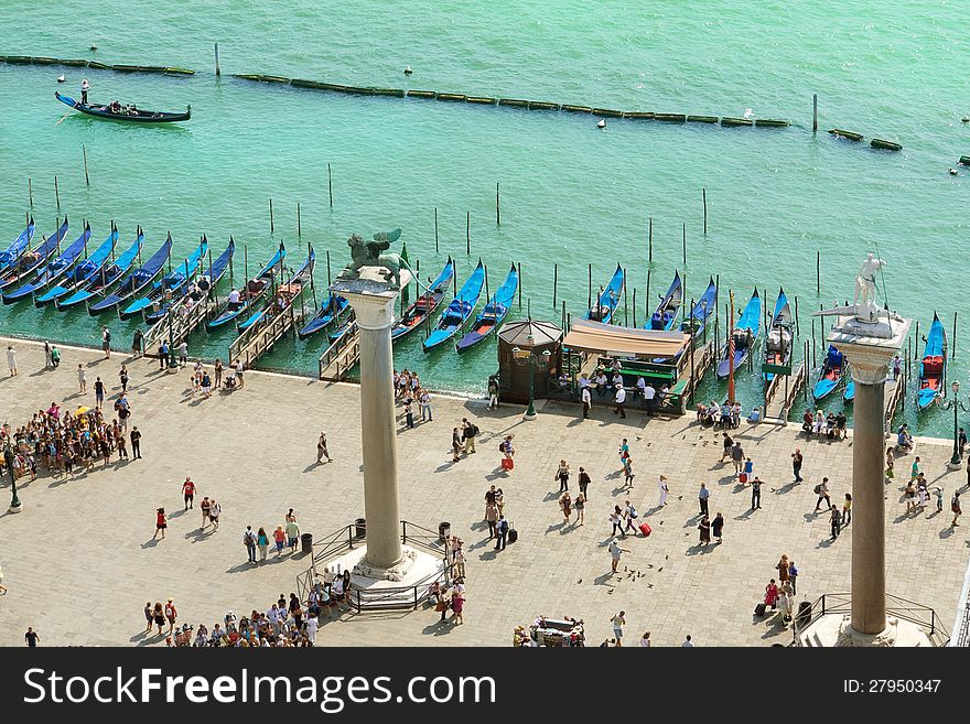 Venice lagoon and gondolas, aerial view