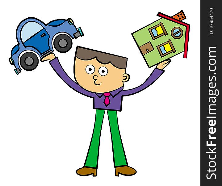A business man holding a house on his left hand and a car on the other. A business man holding a house on his left hand and a car on the other