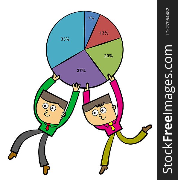 Two cartoon business men carrying a pie graph. Two cartoon business men carrying a pie graph