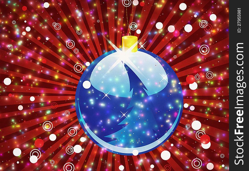 Illustration of blue Christmas ball on abstract sparkle red background with rays. Illustration of blue Christmas ball on abstract sparkle red background with rays.