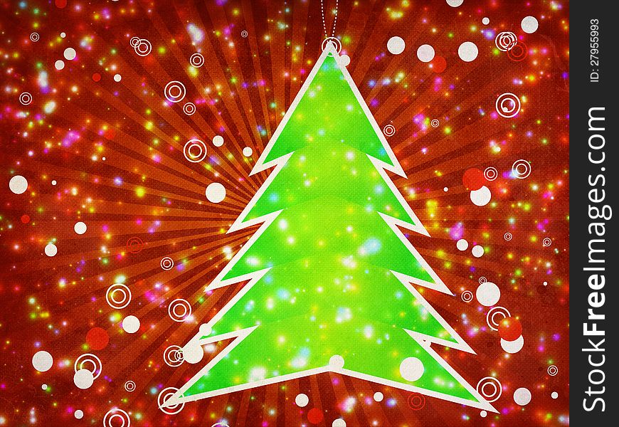 Illustration of green Christmas tree applique on red background with sparks.