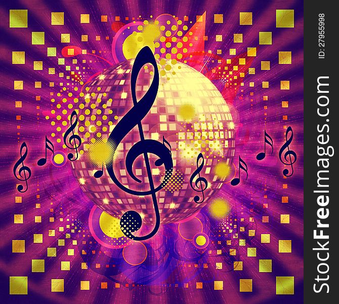 Illustration of abstract musical background with music notes and disco ball. Illustration of abstract musical background with music notes and disco ball.