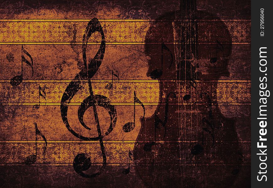 Illustration of grunge retro musical background with notes and violin. Illustration of grunge retro musical background with notes and violin.