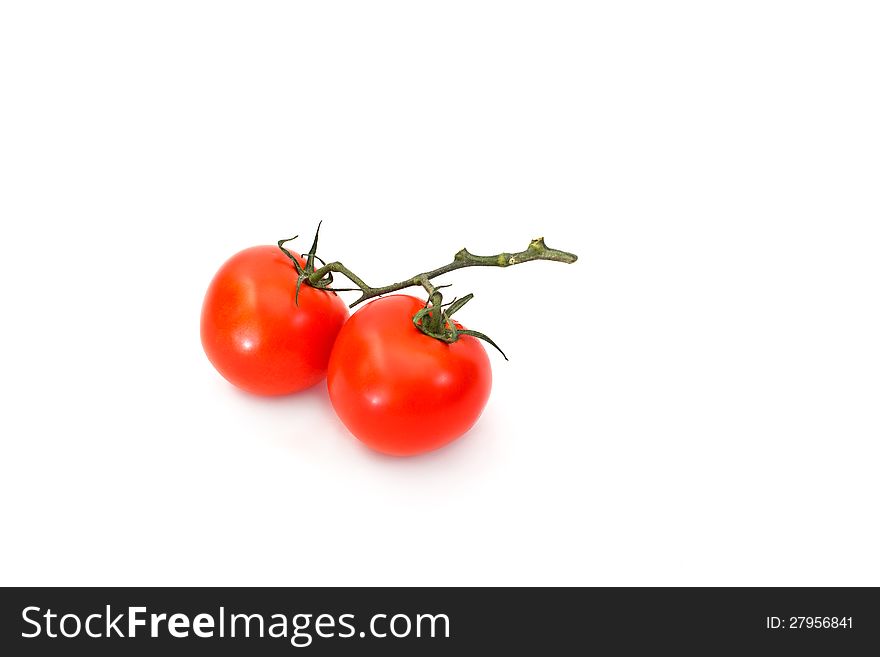 Two tomatoes on a branch, isolated on white