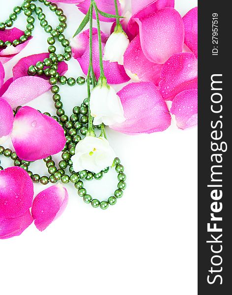 Angled background rose petals with beads