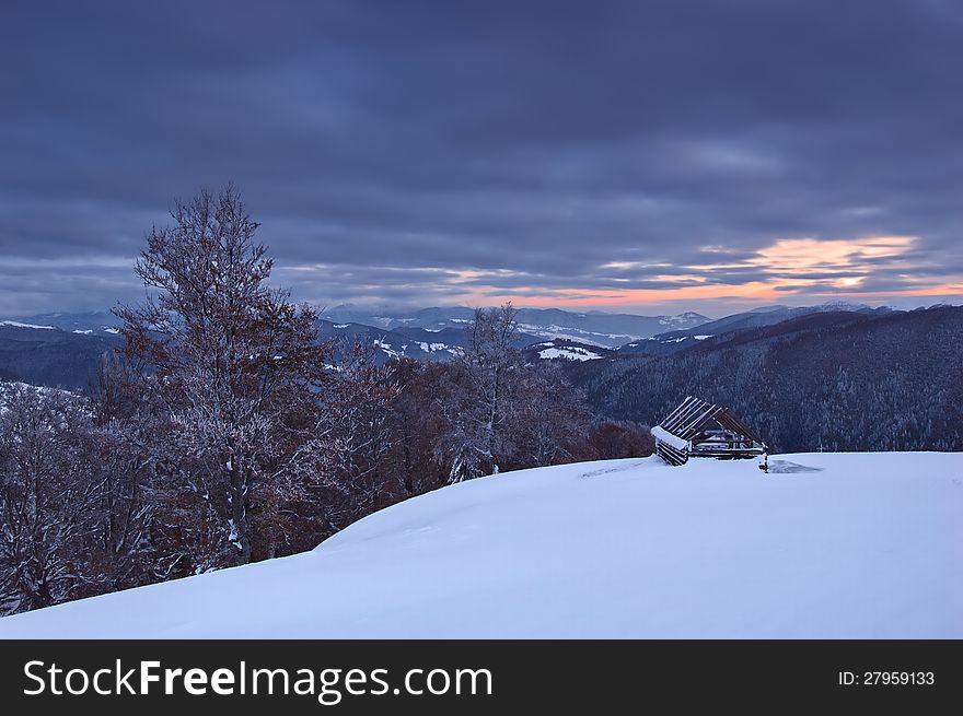 Evening landscape in the mountains in winter. Evening landscape in the mountains in winter