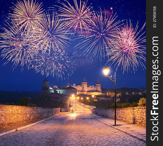 Fireworks over the castle in the town of Kamenetz-Podolsk, Ukraine