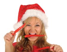 Attractive Woman In Santa Cap With Chili Pepper Stock Photography Attractive Woman In Santa Cap With Chili Pepper Stock Photography