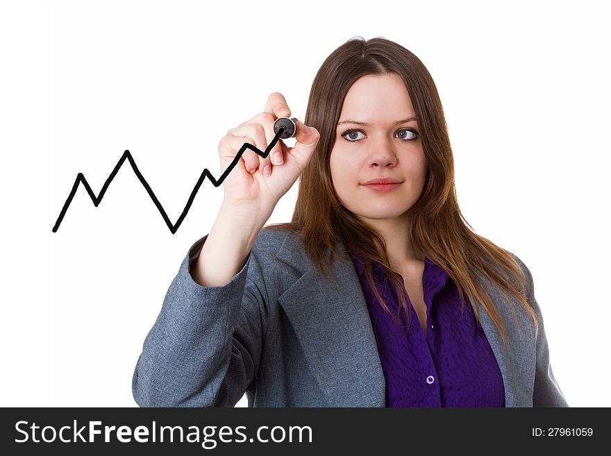 Young woman drawing curve chart on a glass panel - isolated. Young woman drawing curve chart on a glass panel - isolated