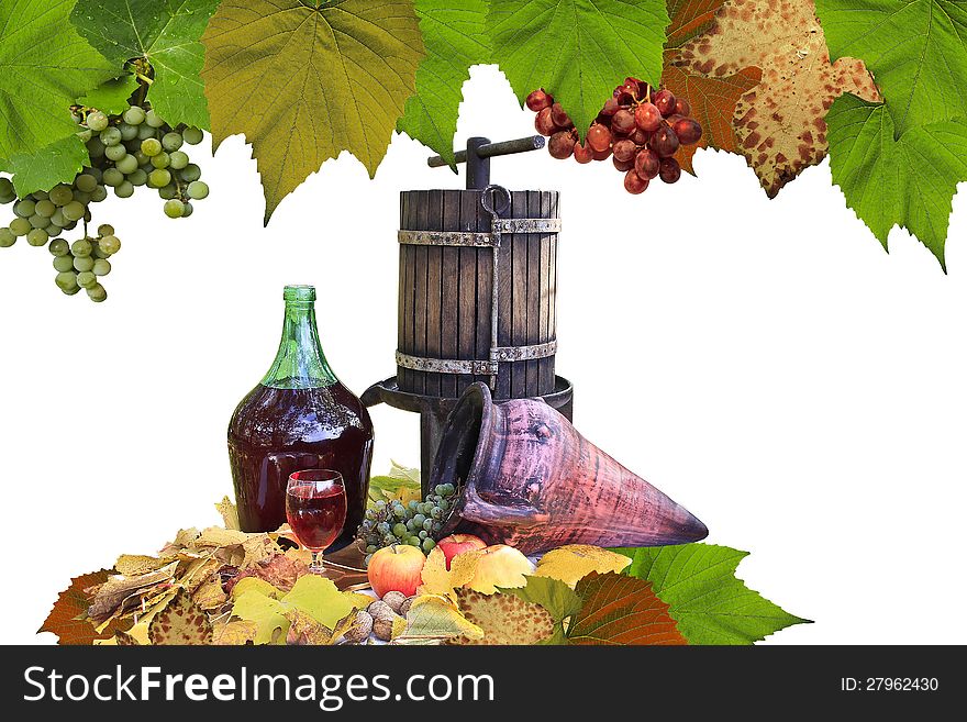 Autumn landscape with red wine,grapes and apples