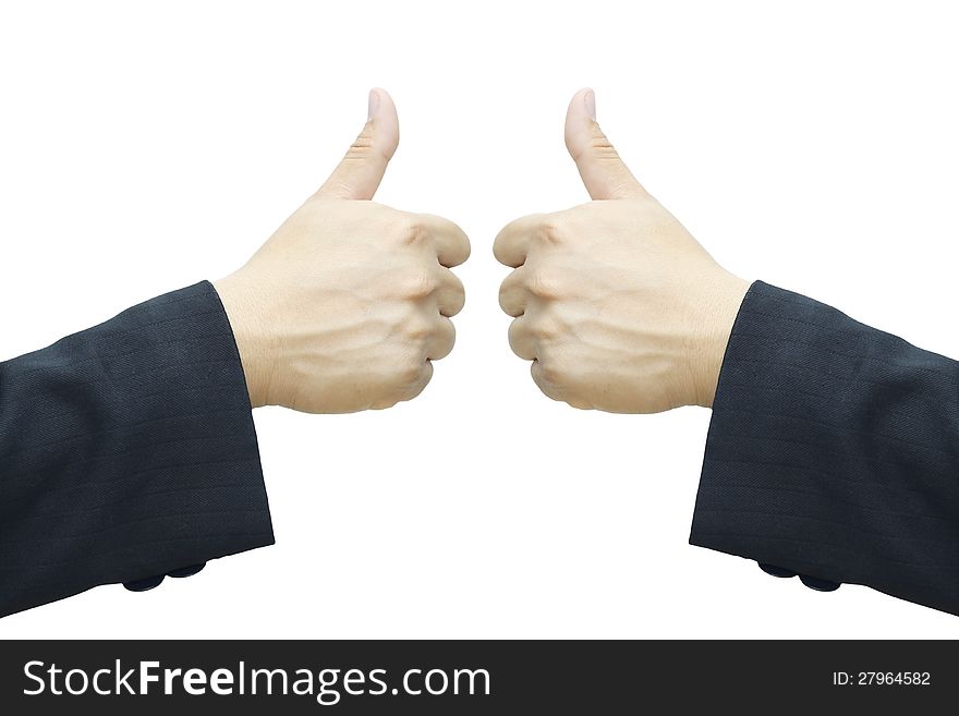 Business man's hand ,two thumb up isolated on withe background. Business man's hand ,two thumb up isolated on withe background.