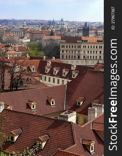 View over the red roofs of historic Prague, Czech Republic, Europe. View over the red roofs of historic Prague, Czech Republic, Europe