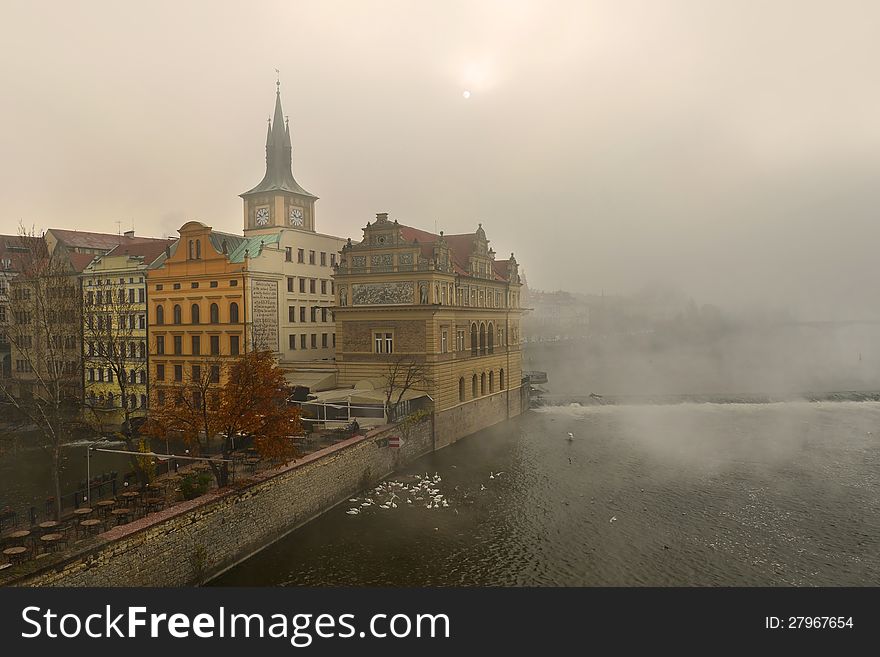Fog over the river Vltava in Prague